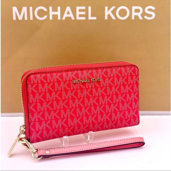 Michael Kors Jet Set Travel Large Phone Case Wristlet Wallet Coral Reef - Picture 9 of 13